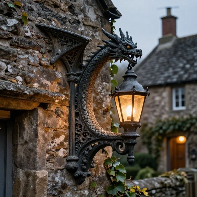 Ornate black dragon-shaped lantern on stone cottage wall in Scottish village at dusk