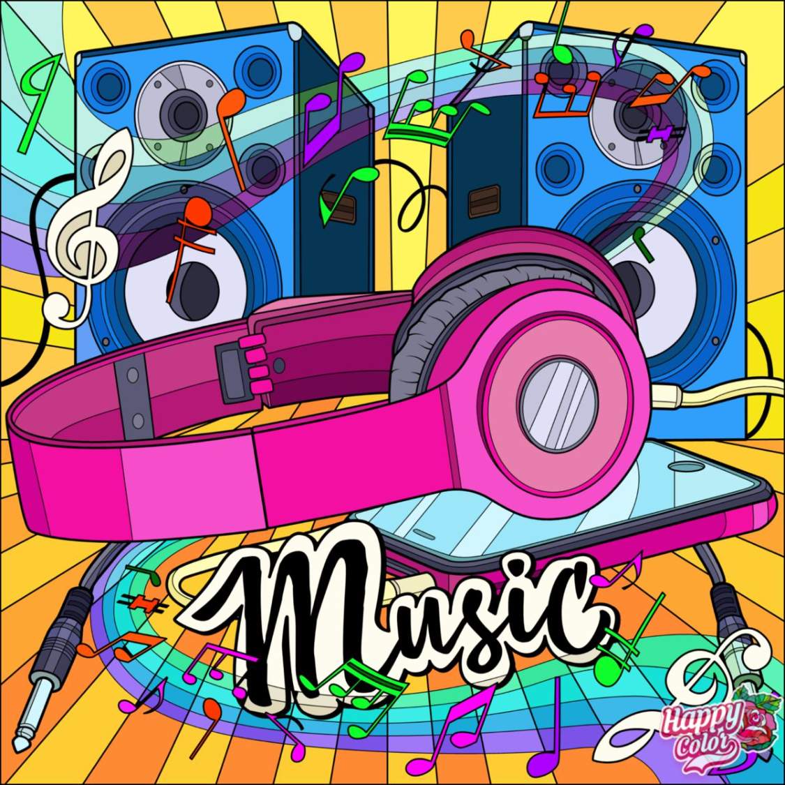 Colorful illustration of pink headphones and blue speakers with music notes and paint splashes