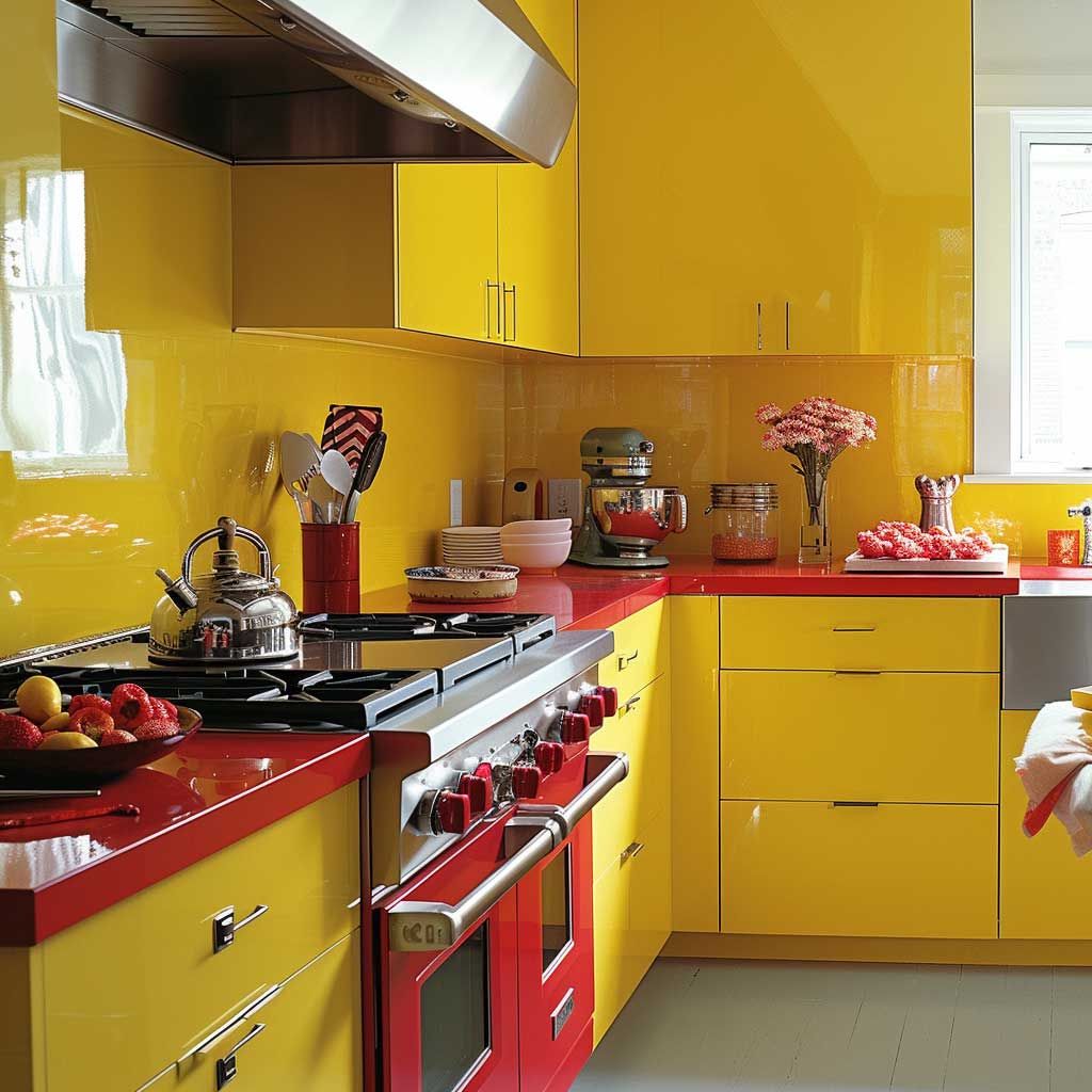 Bright yellow kitchen with red countertops, stove, cabinets, and small appliances