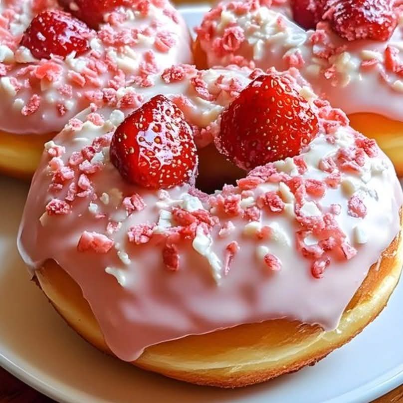 Glazed donuts with fresh strawberries and pink frosting on white plate