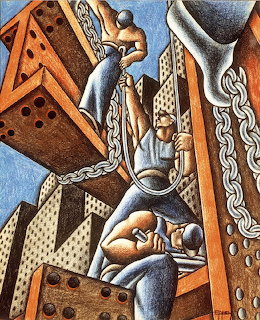 Painting of construction workers climbing steel beams above city buildings