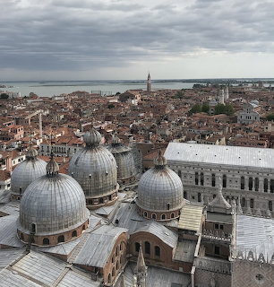 Aerial view of Venice rooftops and basilica domes under a cloudy sky