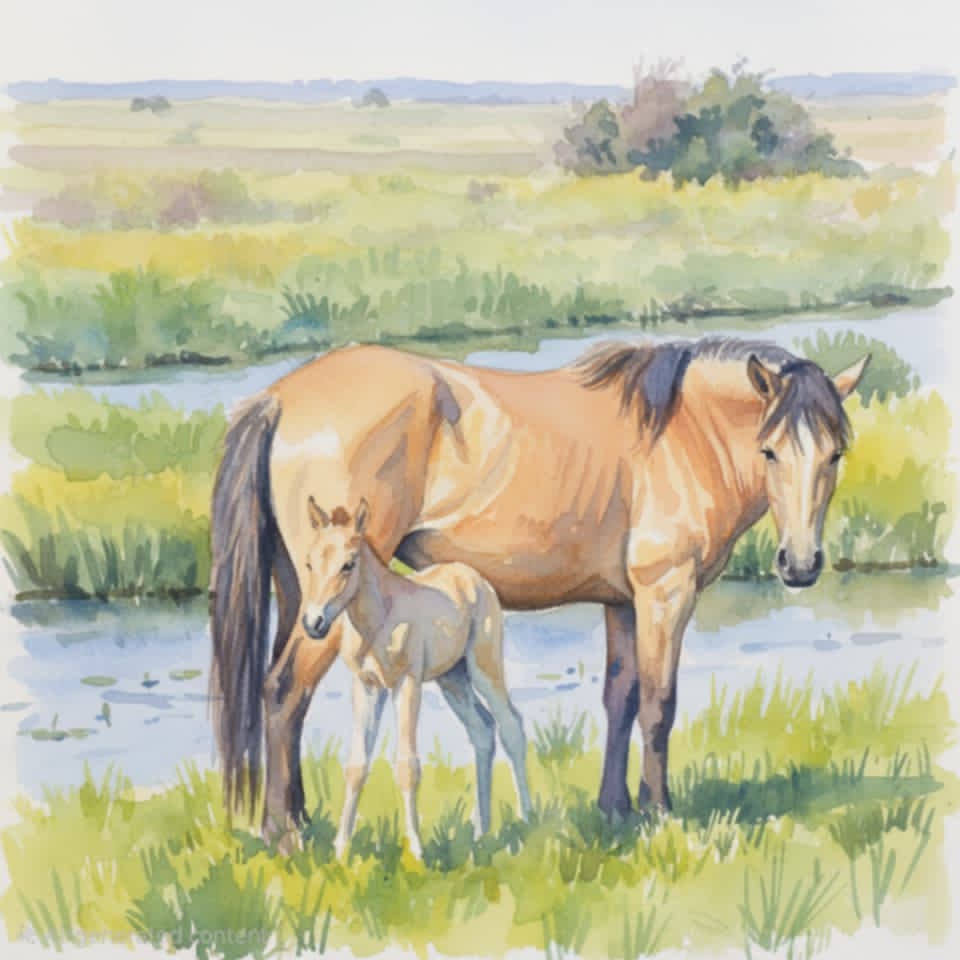 Watercolor painting of a mare and foal in a grassy marsh near water