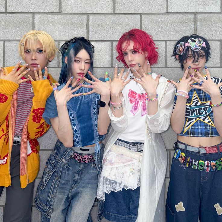 Four friends with colorful hair and eclectic street fashion posing playfully together