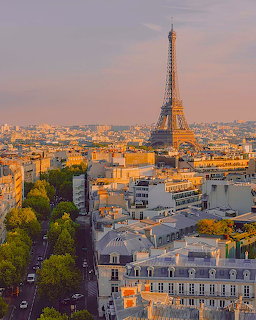 Sunset aerial view of Paris showing Eiffel Tower and surrounding buildings bathed in golden light