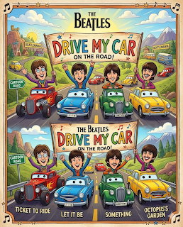 The Beatles illustrated poster showing four band members in colorful vintage cars with scenic background