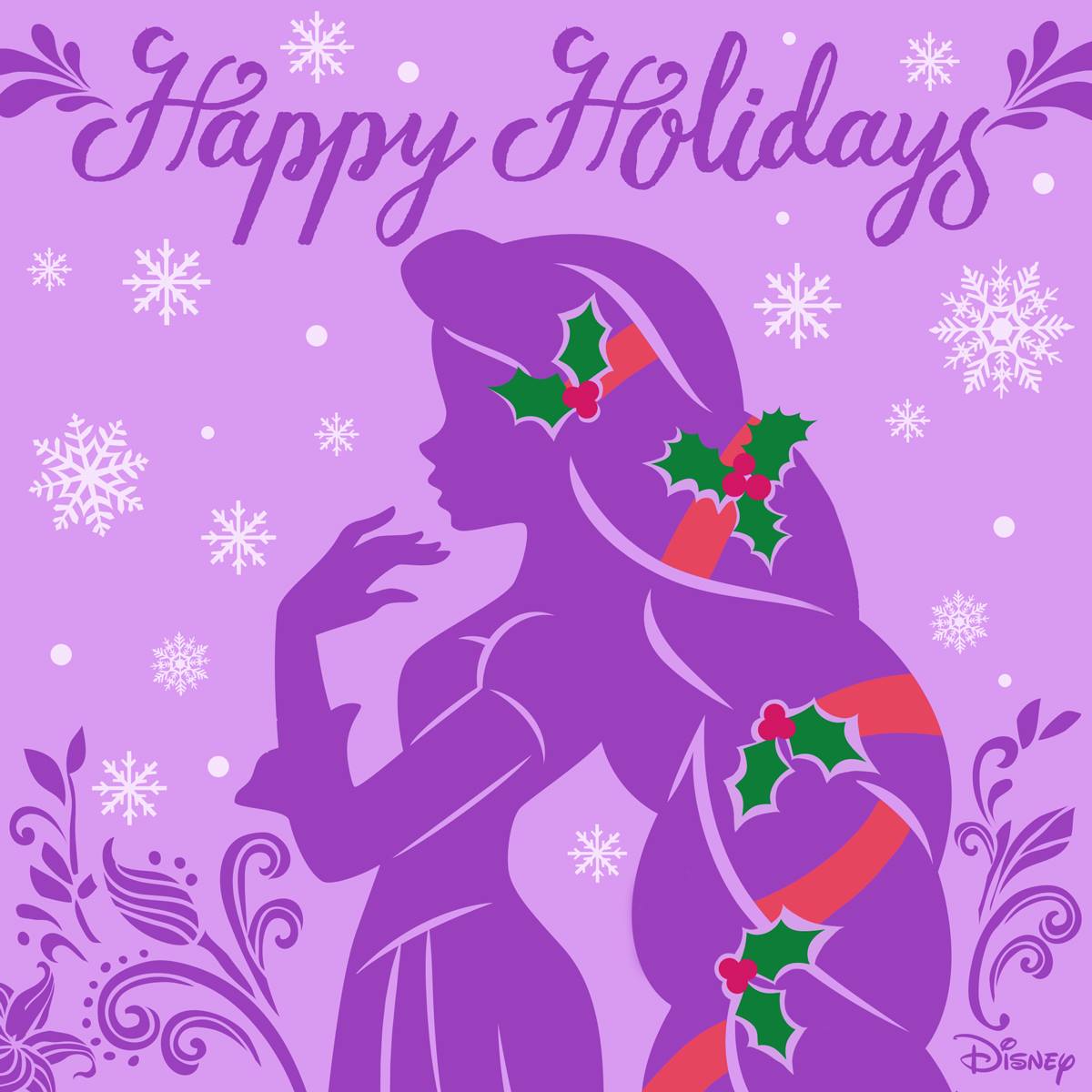 Purple silhouette of Rapunzel with holly berries in her braid and snowflakes on lavender background