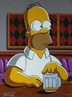 Homer Simpson sitting at a bar counter holding a beer mug