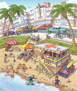 Cartoon beach scene with palm trees, beachgoers, food stands, and city buildings