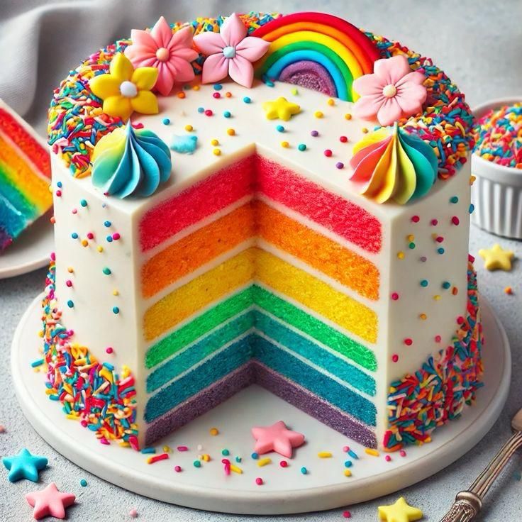 Rainbow layer cake with white frosting, colorful sprinkles, and flower toppers on a plate
