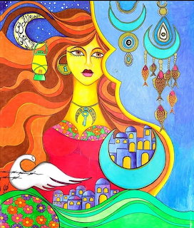 Stylized woman with red hair holding white dove, Palestinian buildings and decorative patterns in background