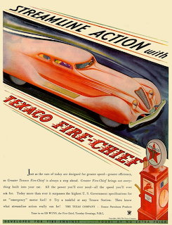 Vintage Texaco Fire-Chief gasoline advertisement showing streamlined orange car and red pump