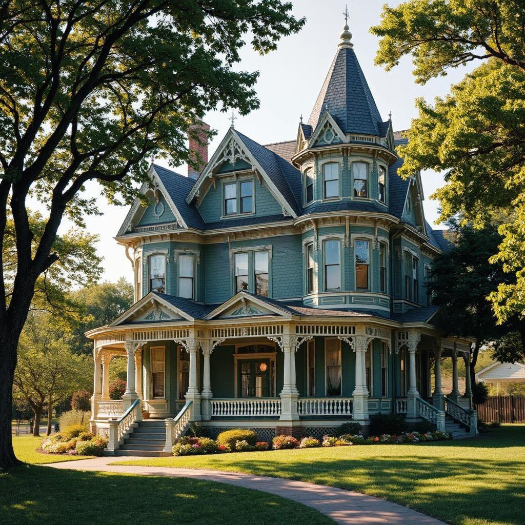 Grand Victorian mansion with turret and wraparound porch surrounded by trees