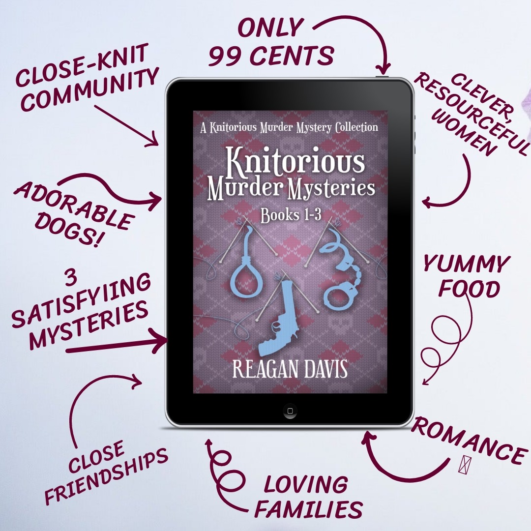 E-reader displaying Knitorious Murder Mysteries book collection cover with knitting theme and promotional text around it