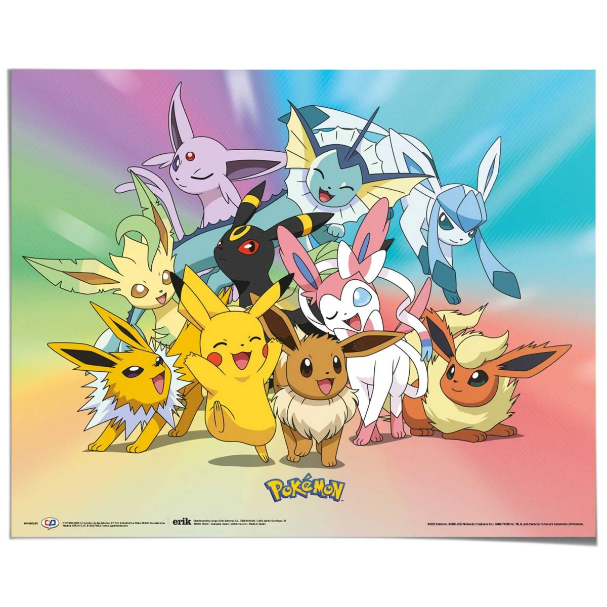 Pokemon poster showing Pikachu, Eevee and its eight evolutions arranged in a group on rainbow gradient background