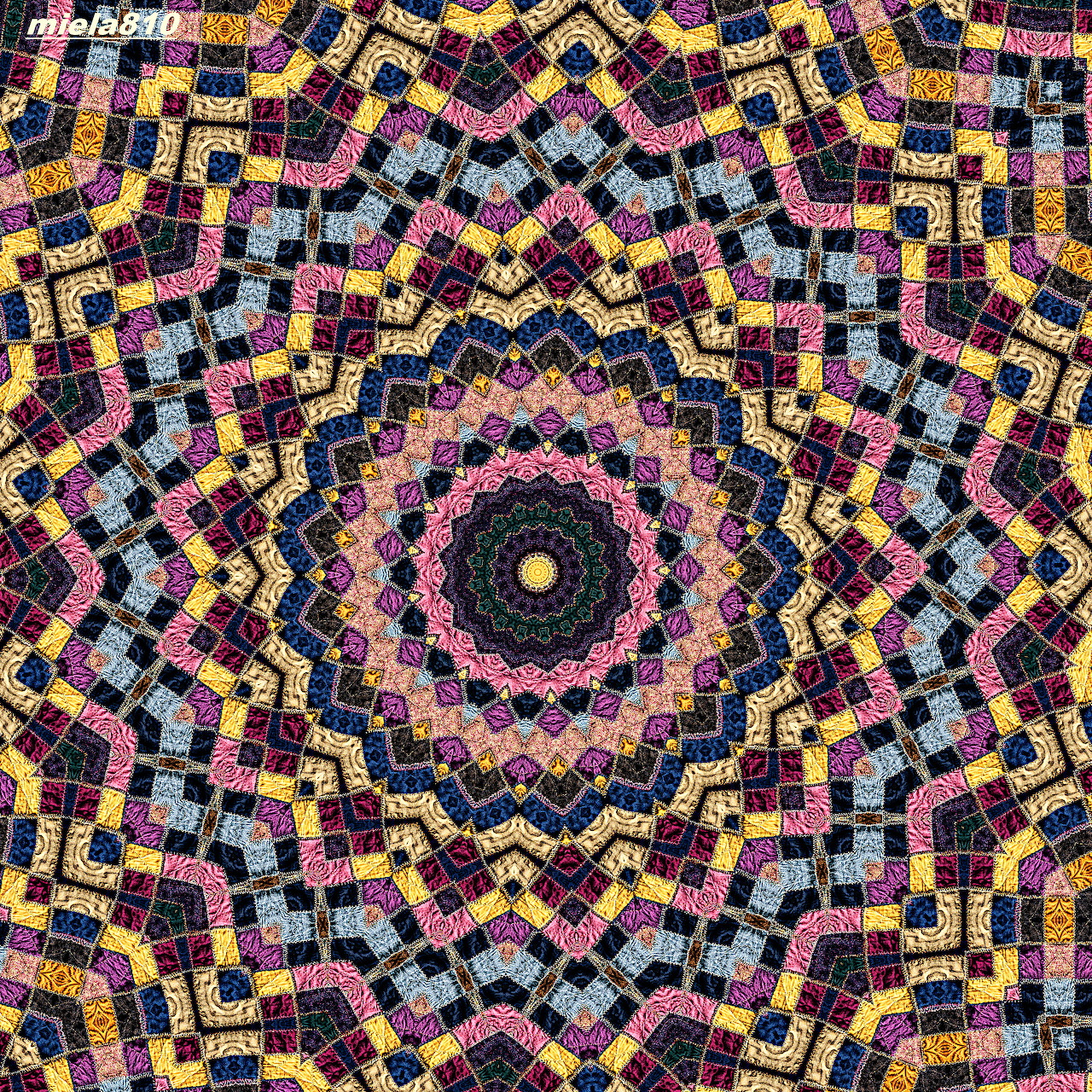 Circular mandala with colorful mosaic tile pattern radiating from center in purple, yellow, and pink hues