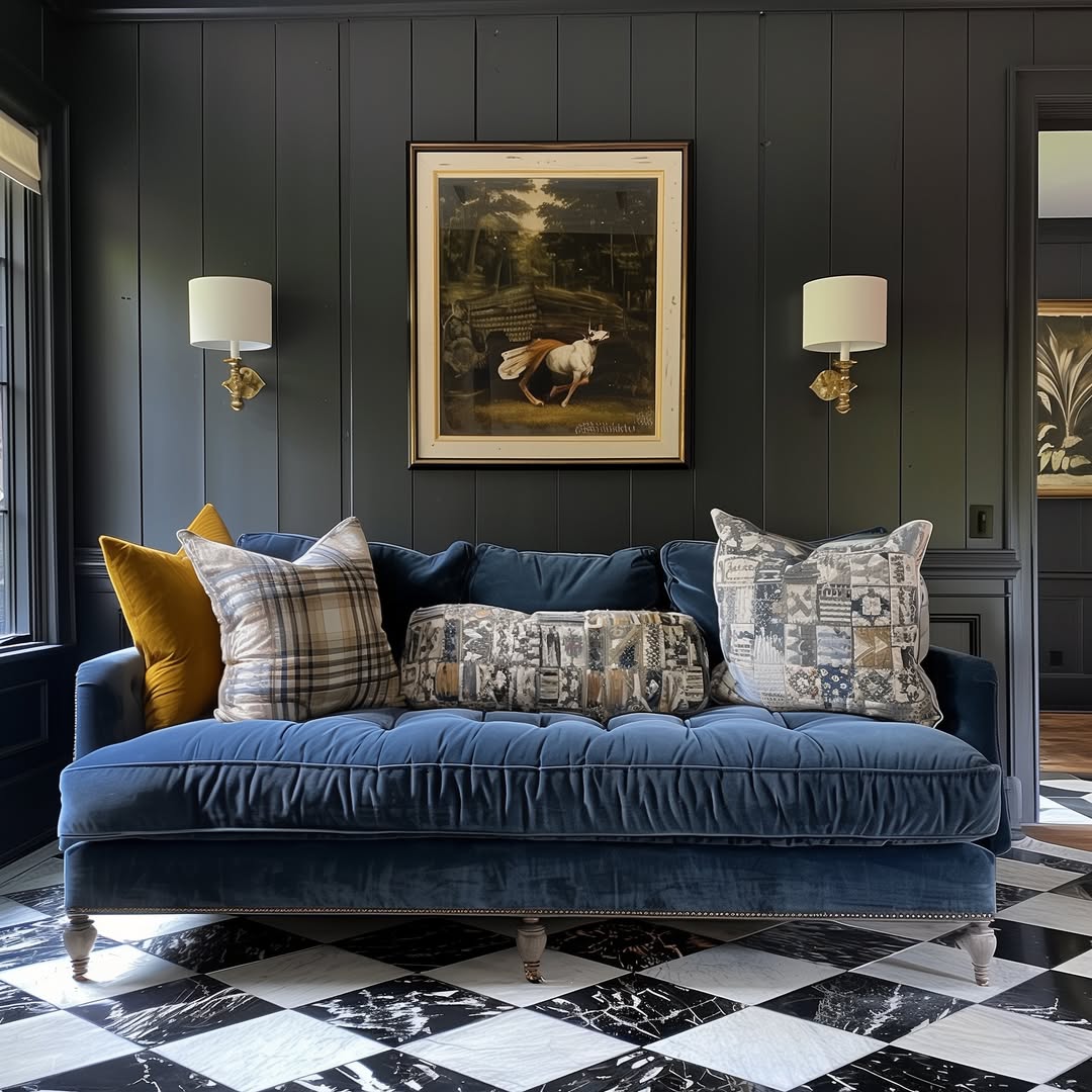 Blue velvet tufted sofa in elegant room with dark walls, gold sconces, patterned pillows, and checkered floor