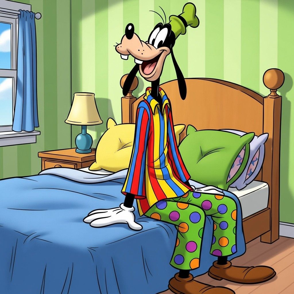 Goofy cartoon character in striped pajamas standing in green bedroom next to bed