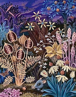 Colorful illustrated garden with various flowers, leaves, and decorative plants under a purple starry sky