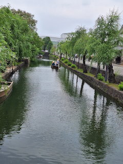Small boat on a tree-lined canal under an overcast sky