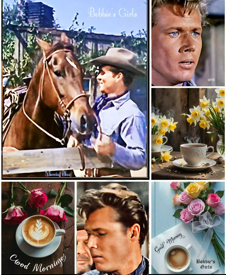 Collage of a cowboy with a horse, male portraits, daffodils, roses, and coffee cups with Good Morning text