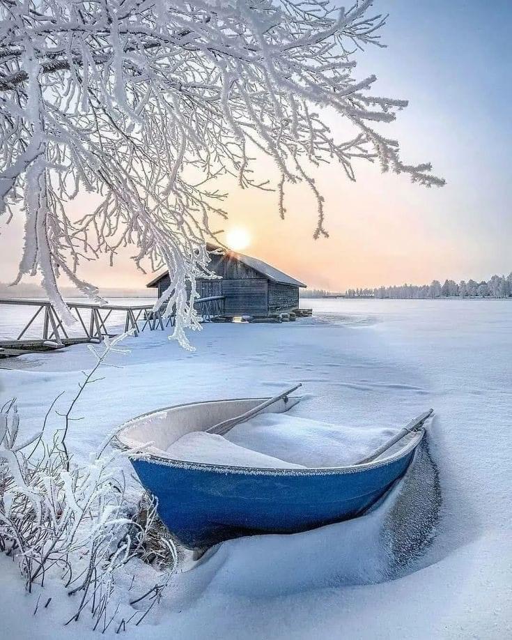 Frozen Lake Winter Cabin Scene