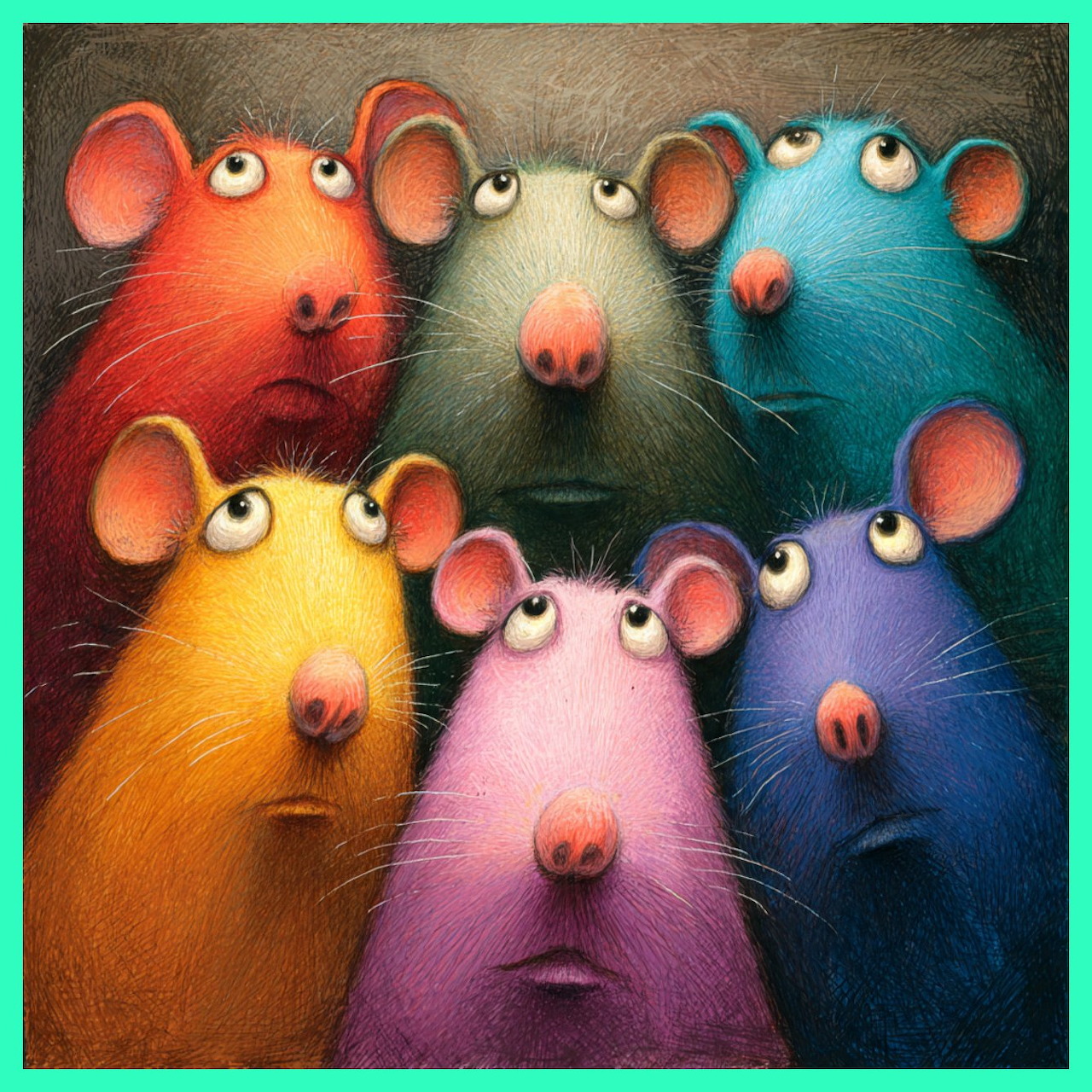 Five colorful cartoon rats with large eyes in red, green, blue, yellow, and pink arranged together