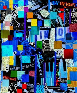 Abstract music collage with piano keys, musical notes, and colorful geometric shapes in blue tones