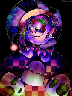 Pomni character from The Amazing Digital Circus in glowing neon purple and green tones against a dark checkered background