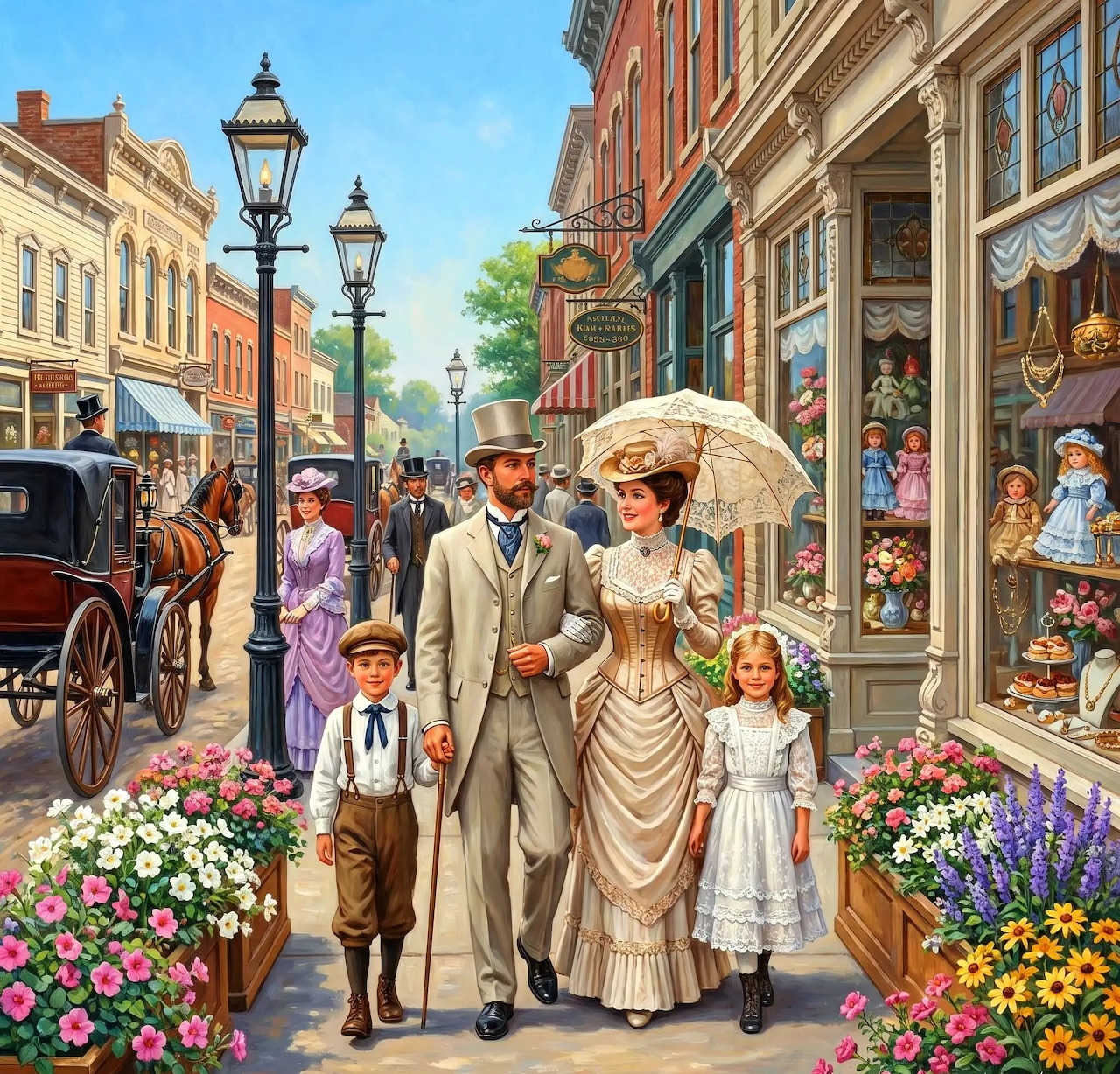 Victorian family walking on a flower-lined town street beside shop windows and a horse carriage