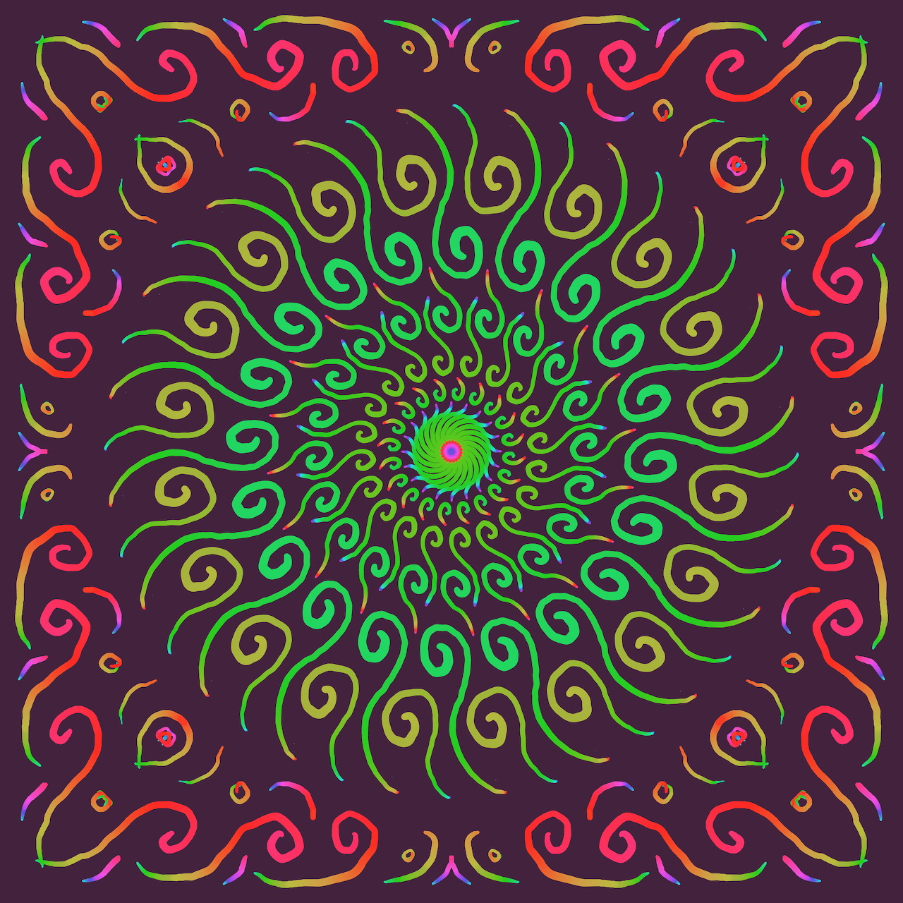 Symmetrical mandala with colorful swirling doodle patterns radiating outward in green, yellow, orange, and pink on purple