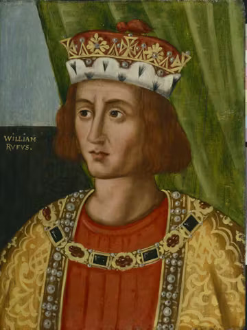 Medieval portrait of King William II Rufus wearing crown and gold royal robes with jeweled collar