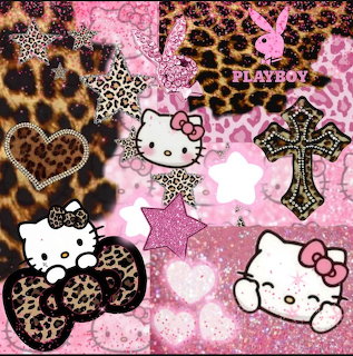 Hello Kitty collage with leopard print bows, hearts, stars and crosses on sparkly pink background