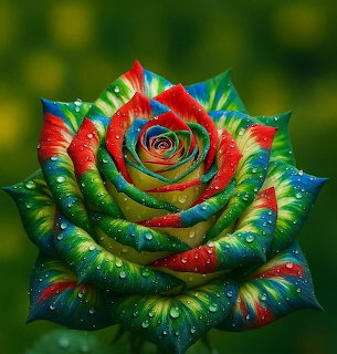 Close-up of a rainbow-colored rose with tie-dye pattern petals and water droplets