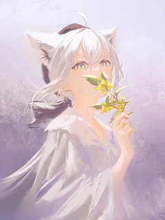 Anime cat girl with white hair and ears holding yellow flowers close to her face