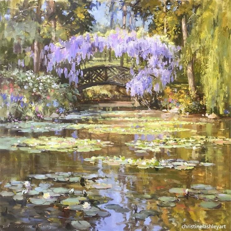 Painting of a garden bridge above a lily pond with purple wisteria and trees