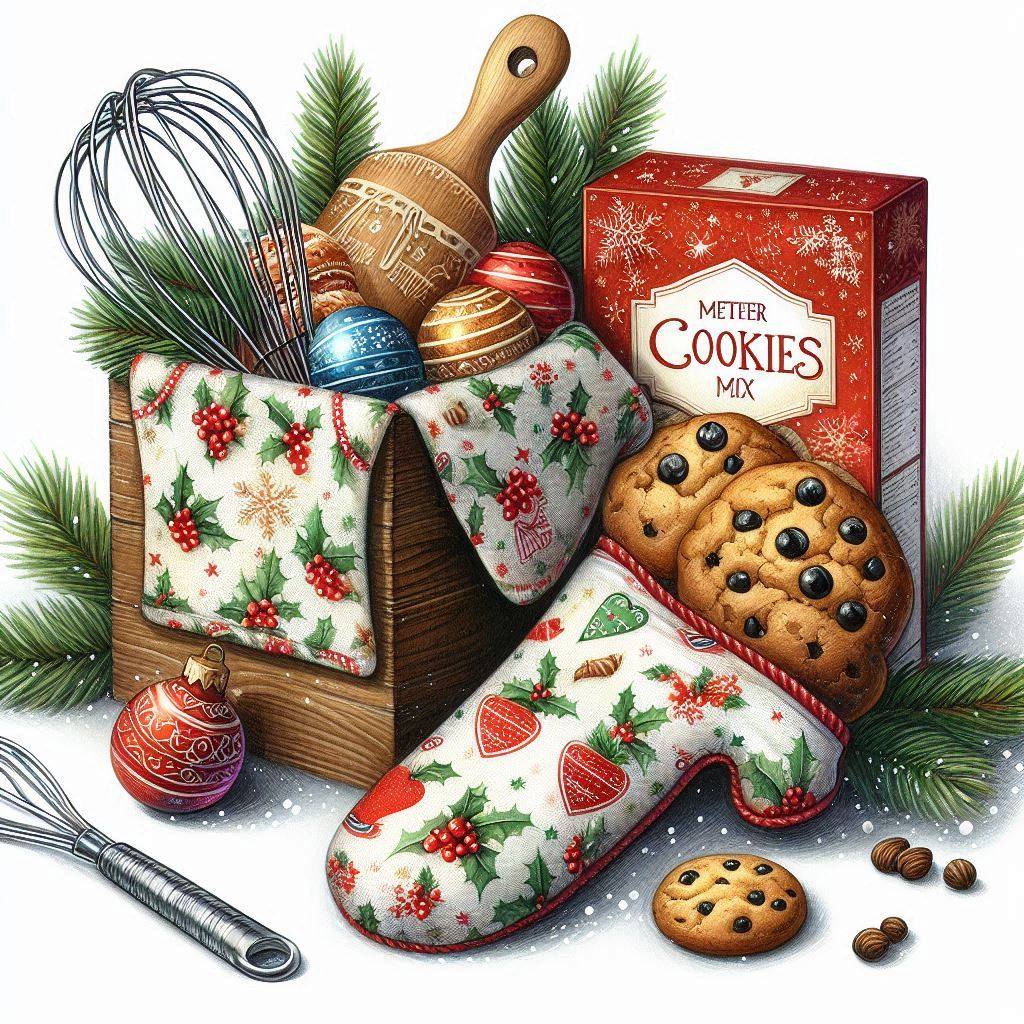 Christmas oven mitts with cookies, whisk, pine branches, and a cookie mix box