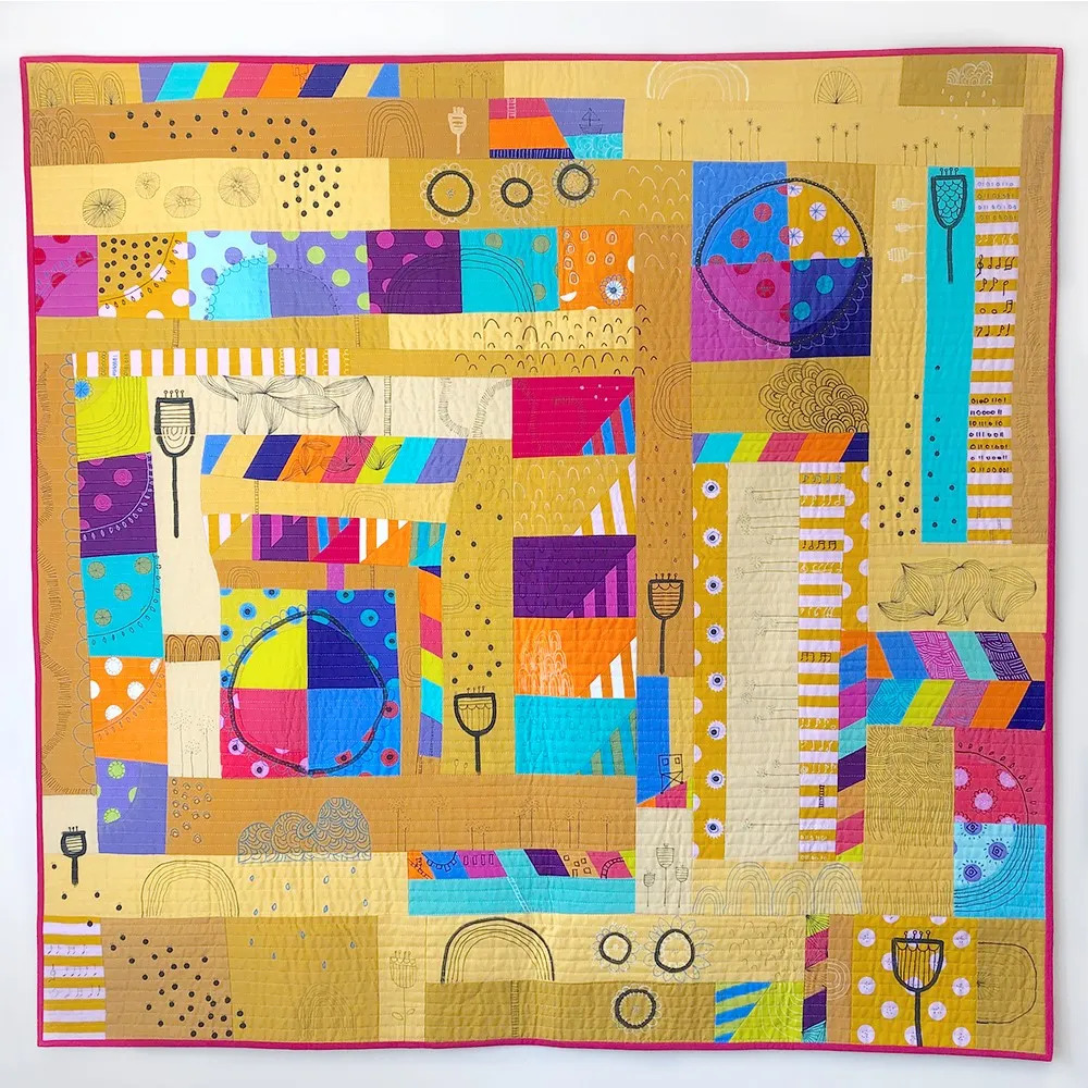 Colorful abstract geometric patchwork painting on a tan background with lines and patterned blocks