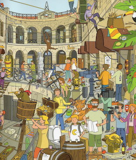 Cartoon scene of crowded Fort Boyard courtyard with people, animals, and activities in a historic stone fortress