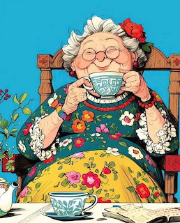 Elderly woman with glasses holding teacup, wearing colorful floral dress, sitting at table with flowers