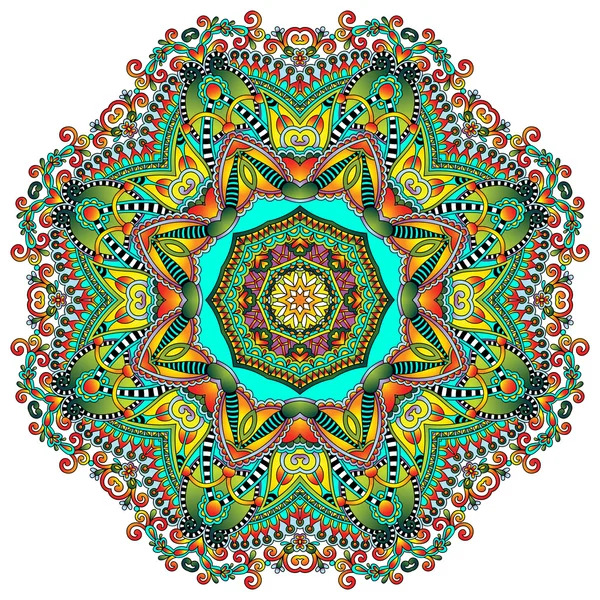 Colorful ornamental mandala with intricate symmetrical patterns and central star design