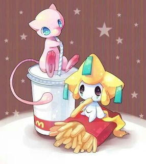Jirachi and Mew Pokemon characters on a white platform with stars in background