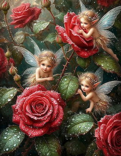 Three small fairies with shimmering wings resting among large red roses covered in water droplets