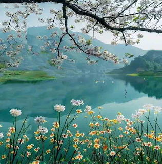 Serene lake view with cherry blossoms and yellow flowers, mountains beyond