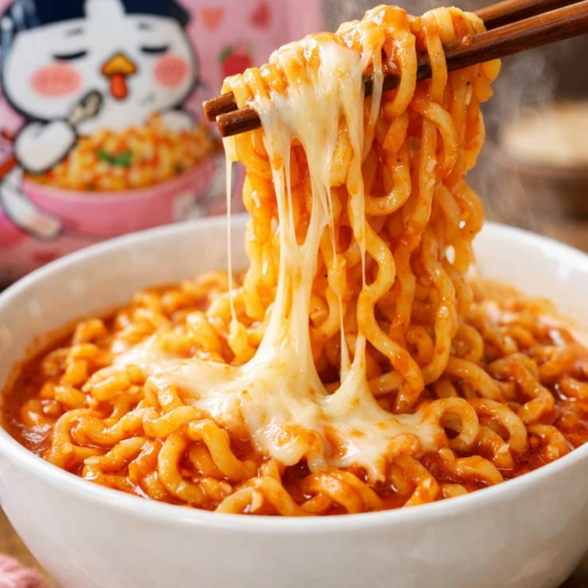 Chopsticks holding spicy orange ramen noodles with melted cheese stretching from a white bowl