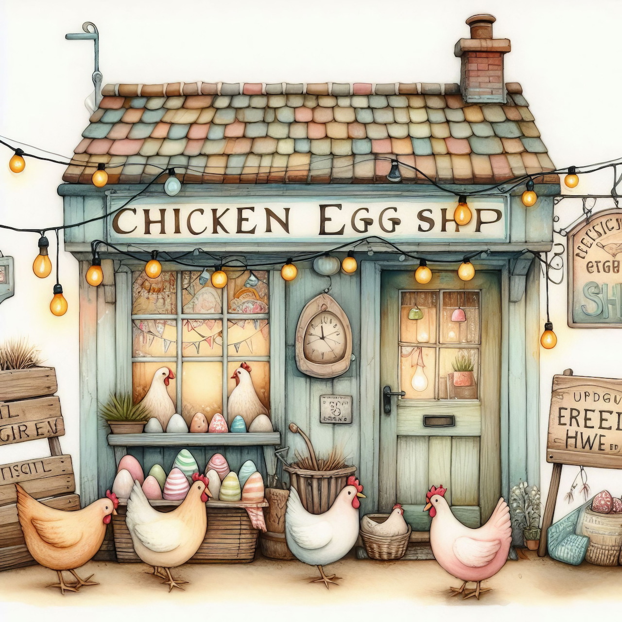 Quaint illustrated egg shop cottage with chickens in front and hanging lights