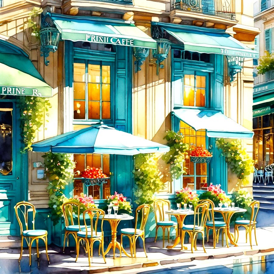 Blue-fronted Parisian street cafe with outdoor tables, umbrellas, and colorful flowers