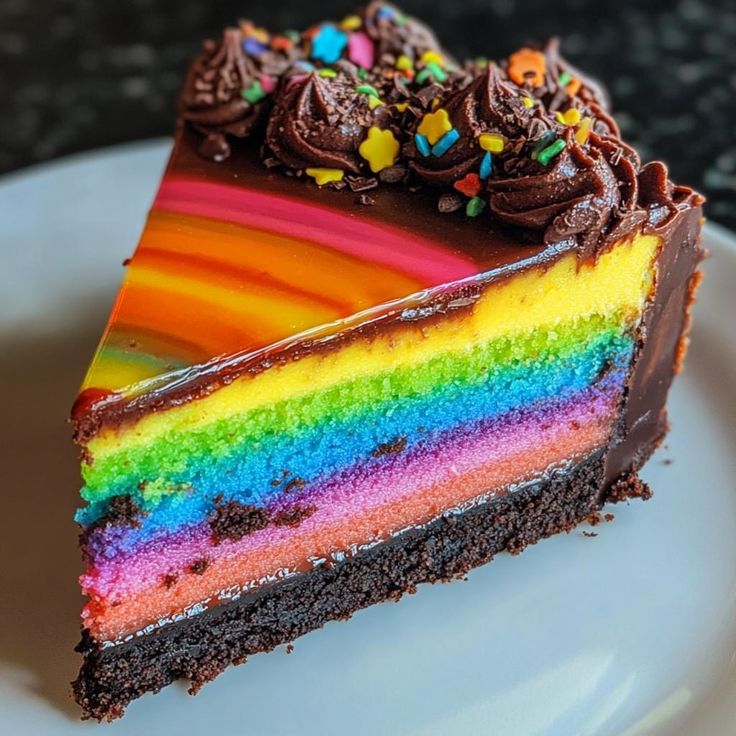 Slice of rainbow layered cake with chocolate frosting and colorful candy decorations on white plate