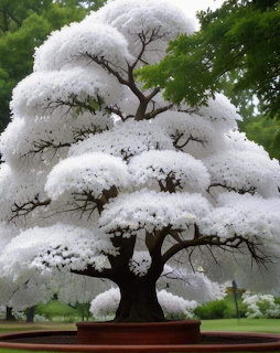 Large bonsai tree with abundant white flowers in a red pot in a green garden