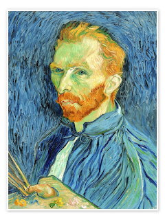 Vincent van Gogh self-portrait painting with red beard, blue coat, and swirling blue background